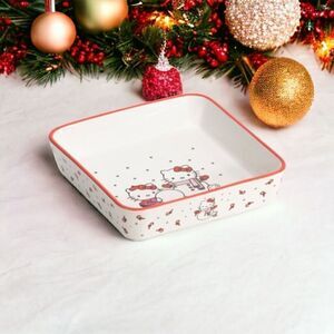 HELLO KITTY 9" SQUARE CHRISTMAS SNOWMAN SNOWBALL CERAMIC BAKING DISH PAN NEW